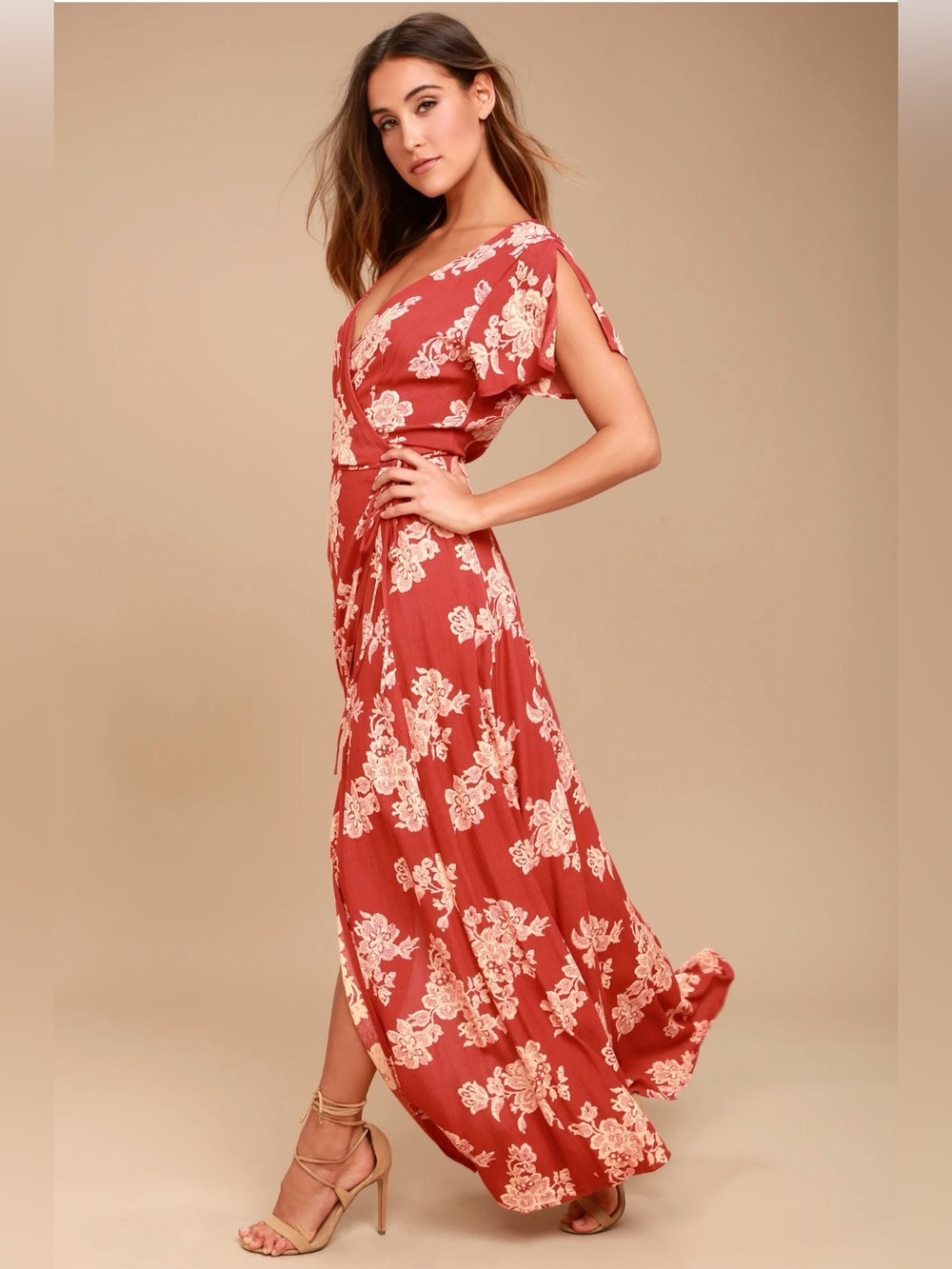 Lulus Heart of Marigold Rust Red Floral Print Wrap Maxi Dress - Size Small NWOT